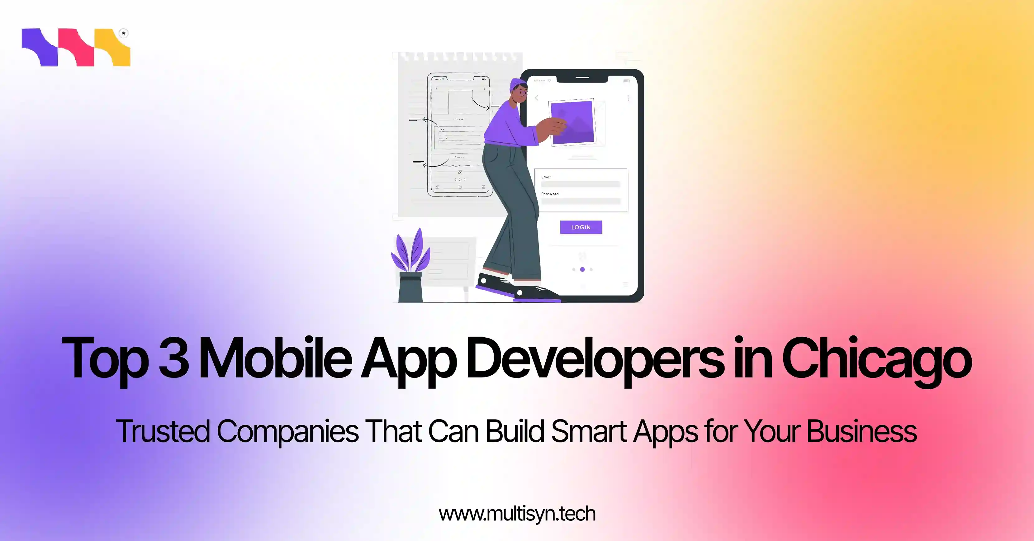 Illustration of a person designing a mobile app next to text that reads 